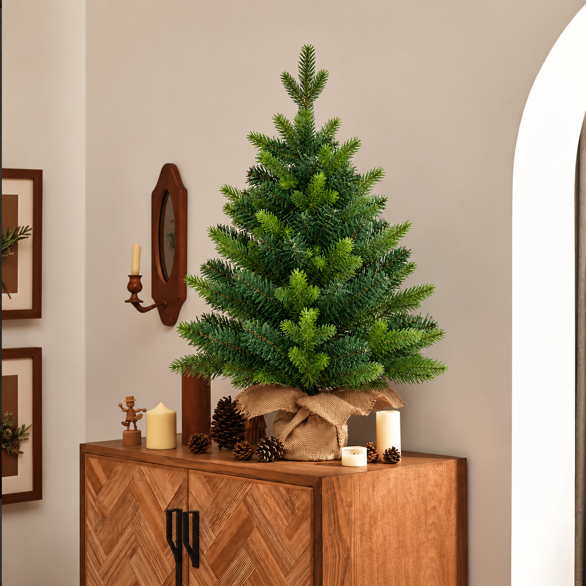 Green mini artificial Christmas tree displayed on a sideboard