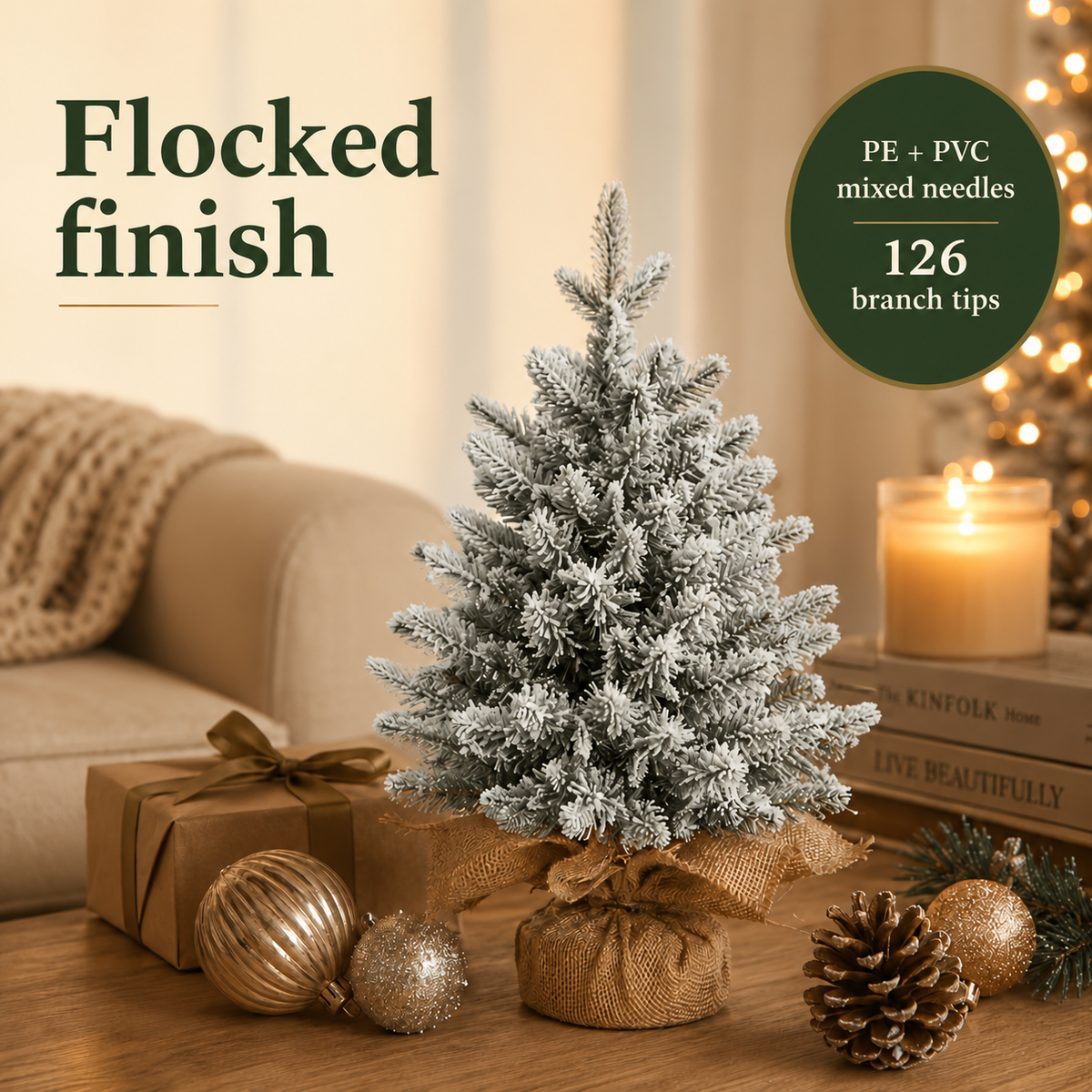Flocked Christmas tree detail image with PE PVC needles and one hundred twenty six branch tips