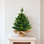 Green mini Christmas tree with fabric wrapped base on a small table