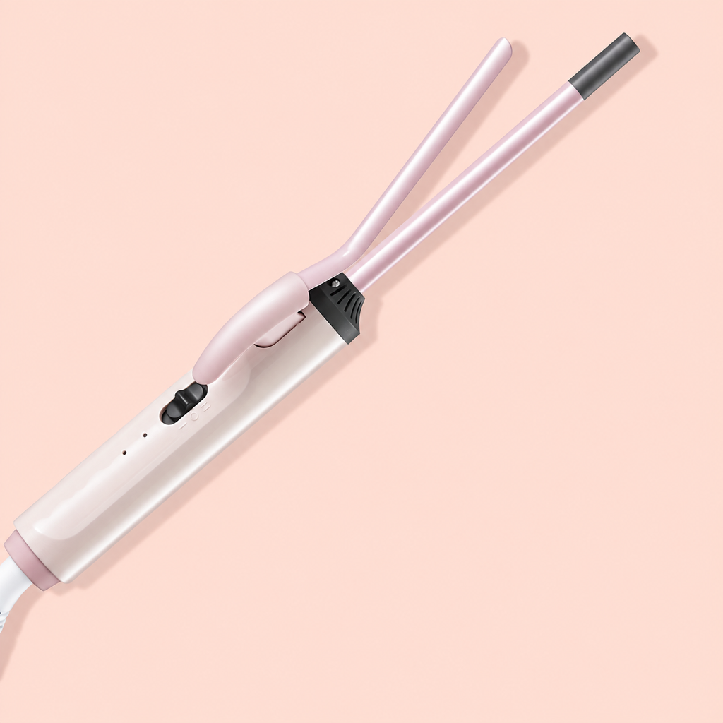 Pink mini curling iron with its spring clamp open