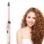 Pink mini curler alongside the original curly hair portrait