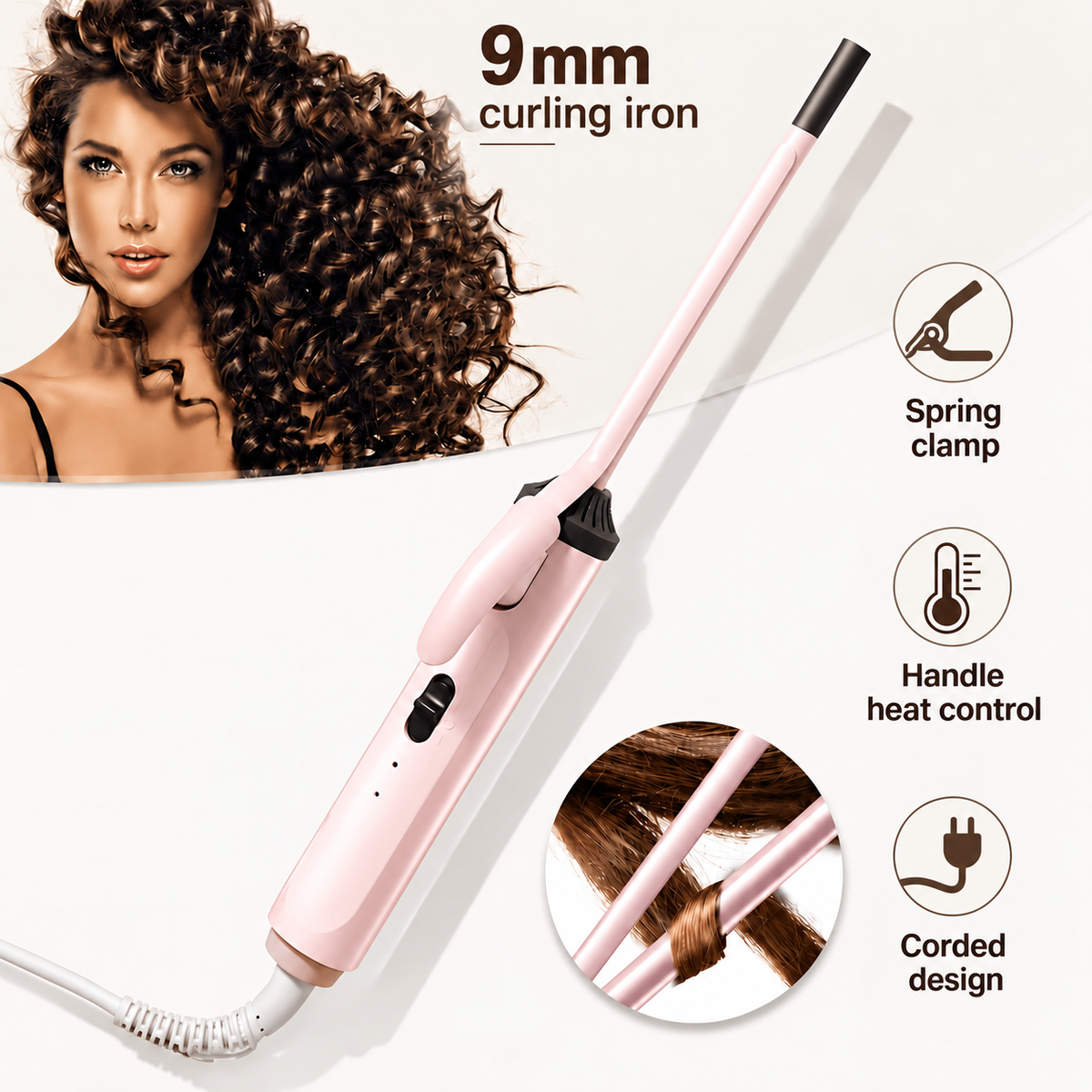 Mini curling iron in the original feature layout with factual product labels