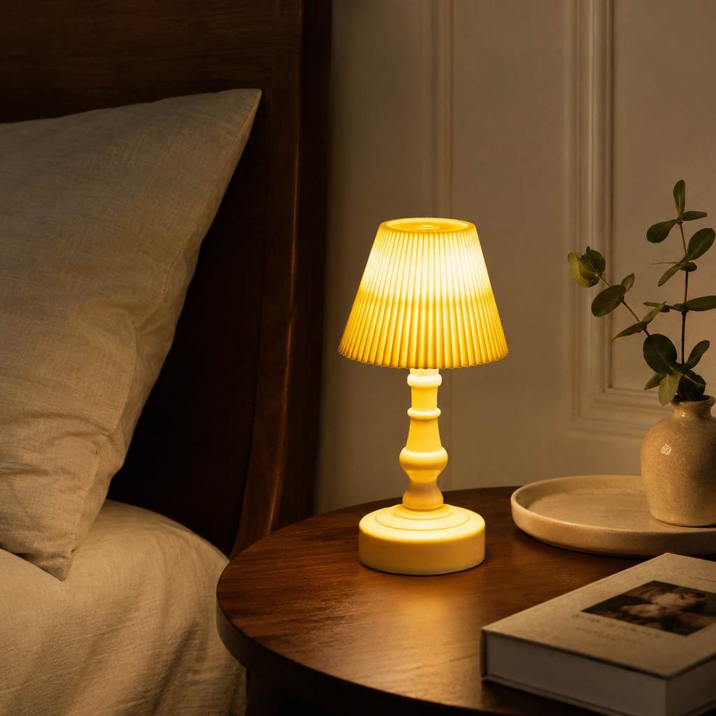 A small table lamp with a pleated yellow shade and a matching yellow base sits on a wooden bedside table in a warmly lit bedroom. A pillow, book, and small vase with greenery are nearby.