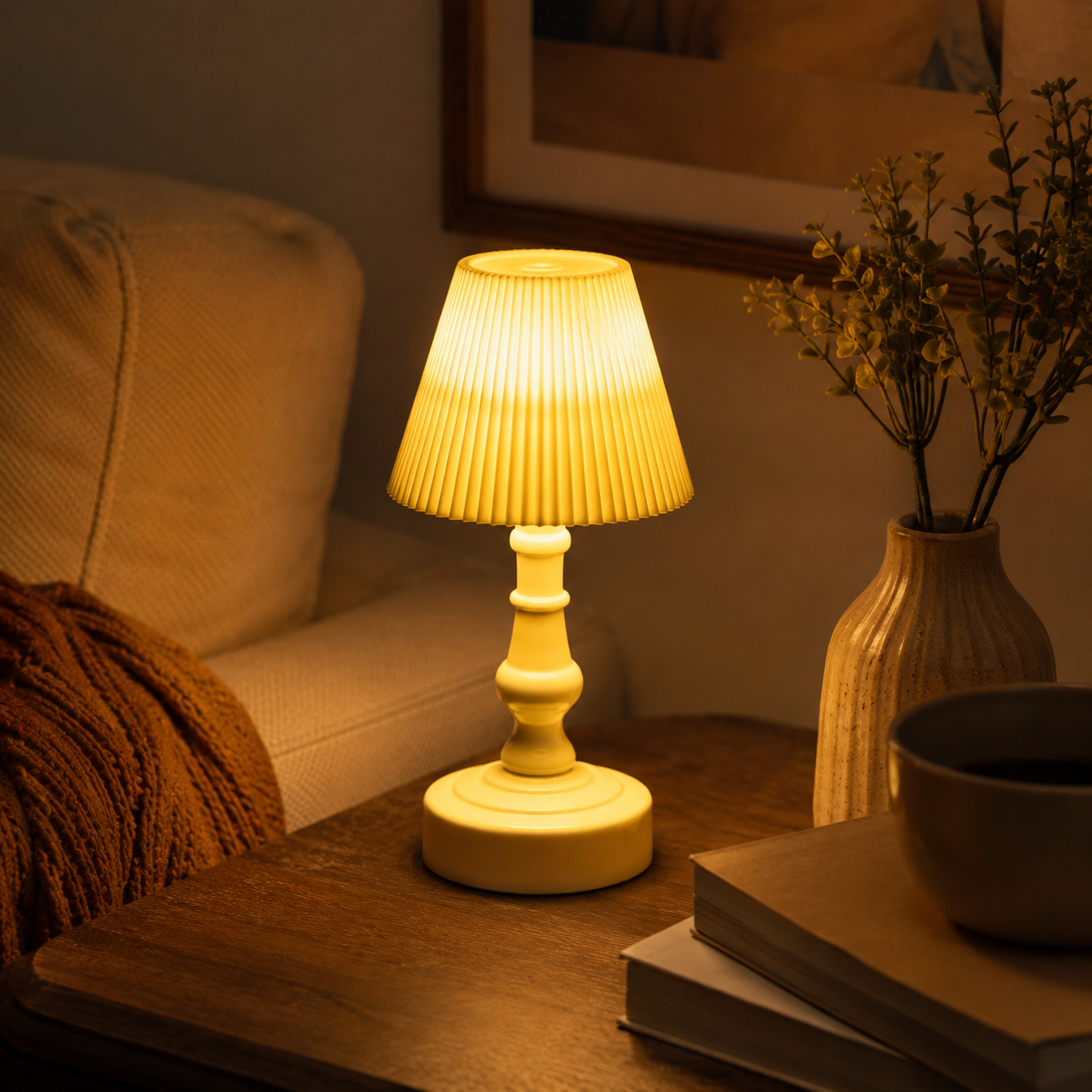 A small table lamp with a pleated fabric shade and a turned wooden base, glowing warm yellow on a wooden table in a cozy living room setting.