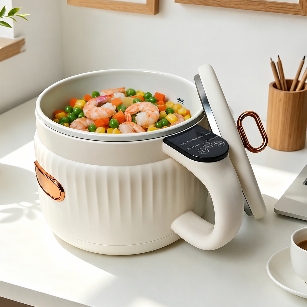 White mini electric cooker with rose gold trim holding vegetables on a kitchen counter