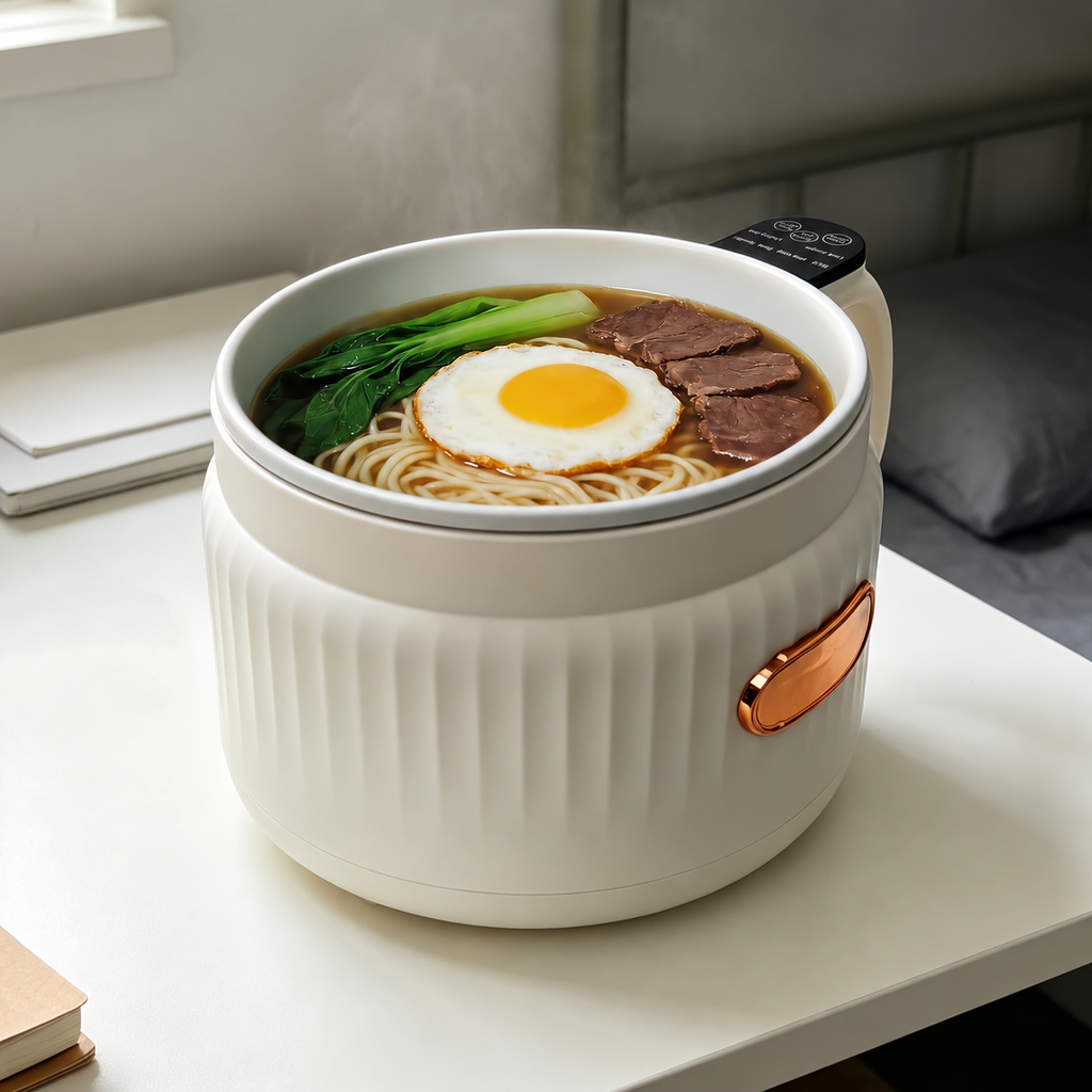White mini electric cooker holding noodles beside a window