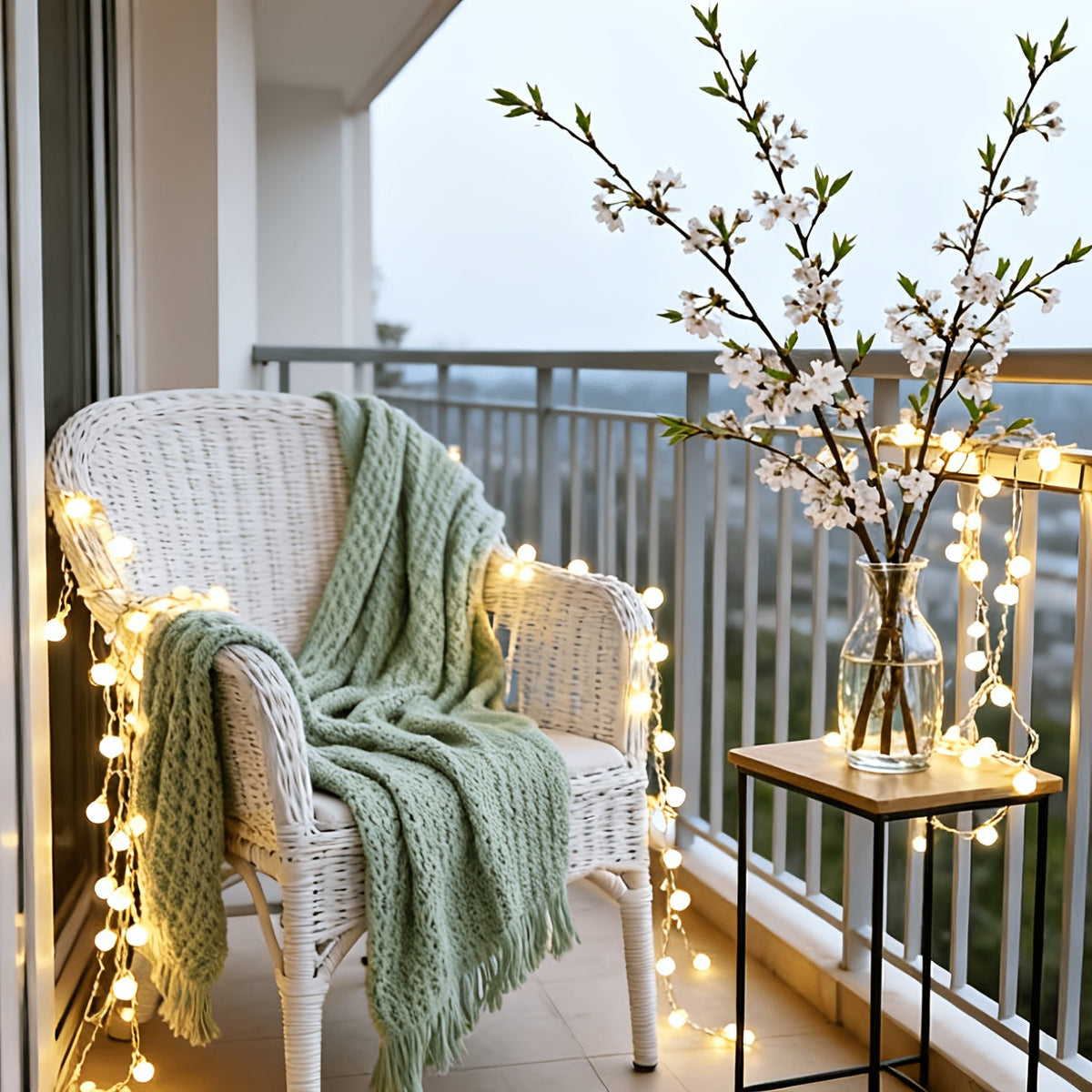 Mini globe fairy lights around a chair and beside a vase