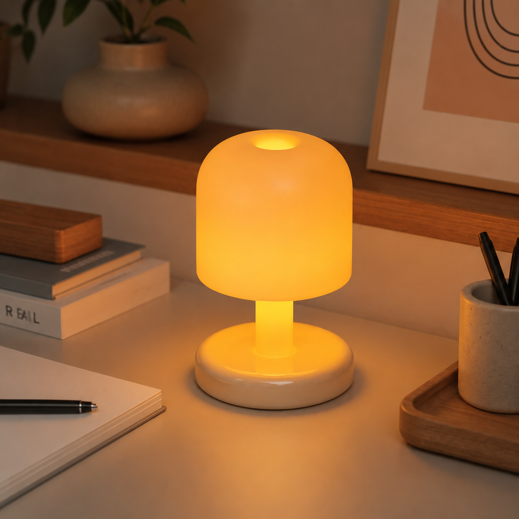 A small mushroom-shaped table lamp with a glowing warm yellow light, placed on a desk in a styled home office setting.