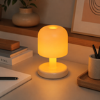 A small mushroom-shaped table lamp with a glowing warm yellow light, placed on a desk in a styled home office setting.