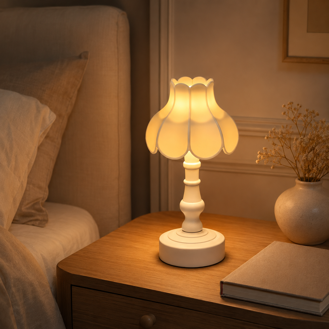 A small table lamp with a warm white ceramic base and a fluted translucent shade glowing with a soft yellow light, placed on a wooden bedside table next to a bed and a vase of dried flowers.