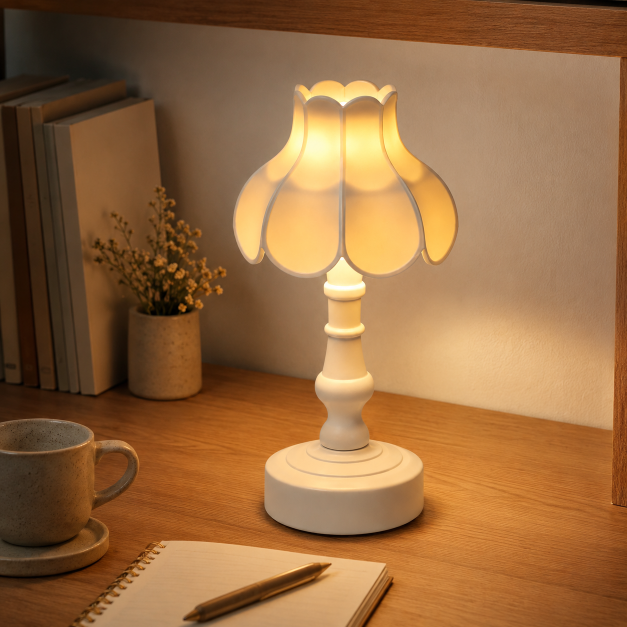 A small table lamp with a warm glowing tulip-shaped shade and a white pedestal base, placed on a wooden desk beside a mug, notebook, pen, and a small potted plant.