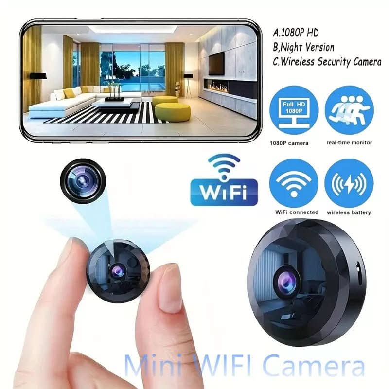 Mini WiFi security camera shown with its compact magnetic mounting base.