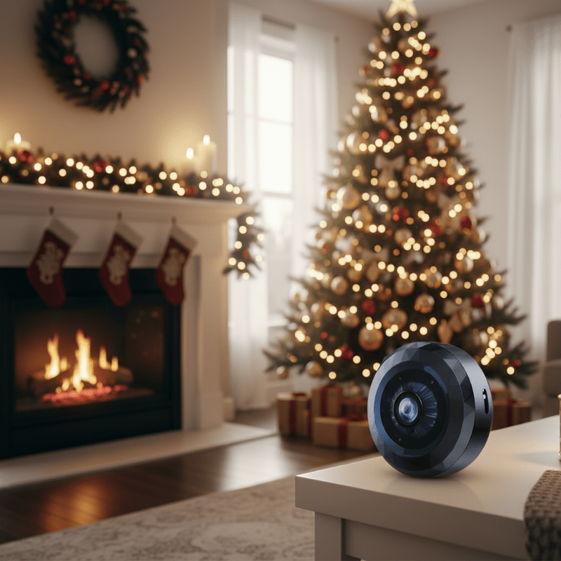 Mini WiFi security camera positioned discreetly in a modern interior.