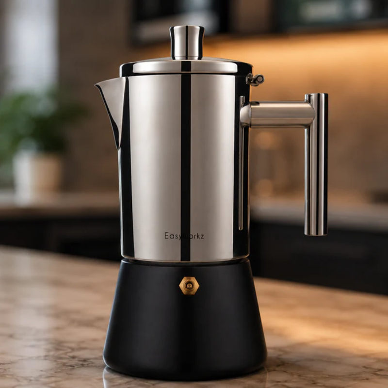 Stainless steel espresso maker shown disassembled for cleaning.