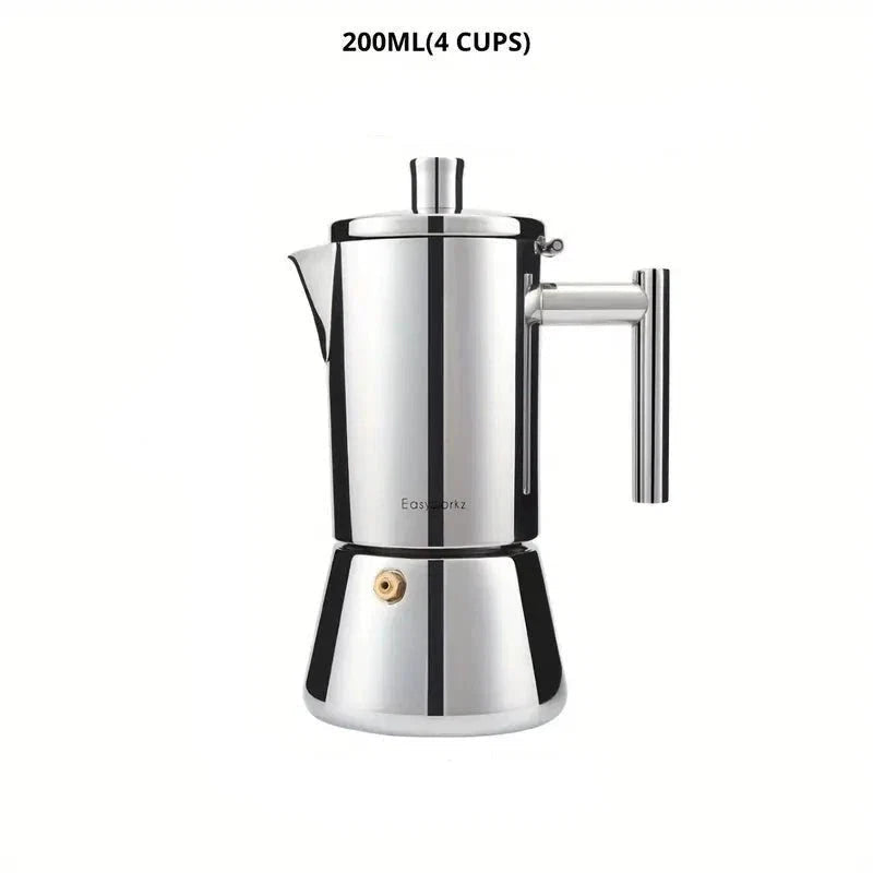 Two hundred milliliter stainless steel moka pot.