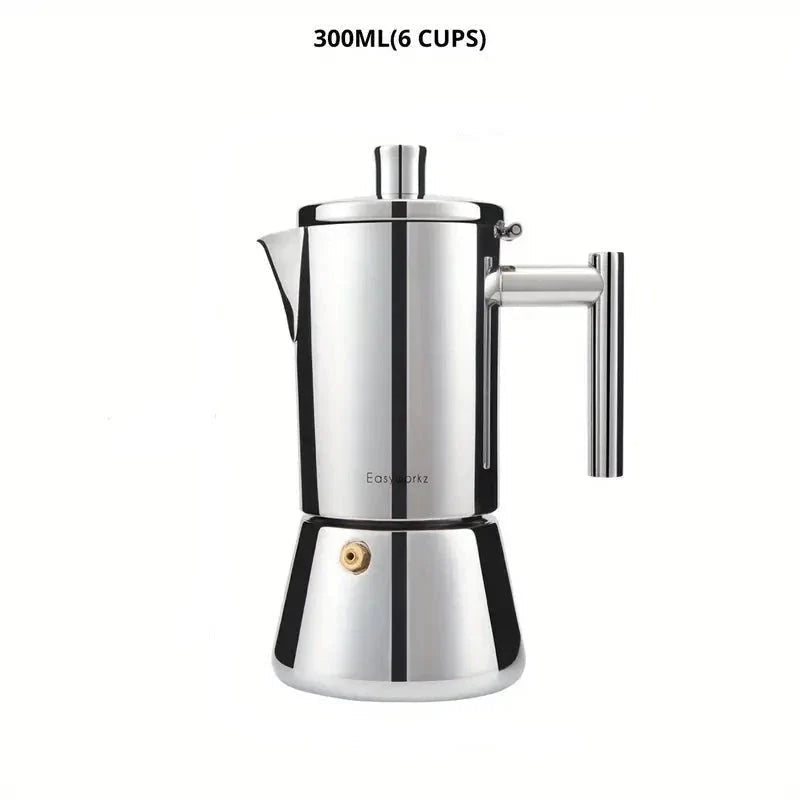 Three hundred milliliter stainless steel moka pot.