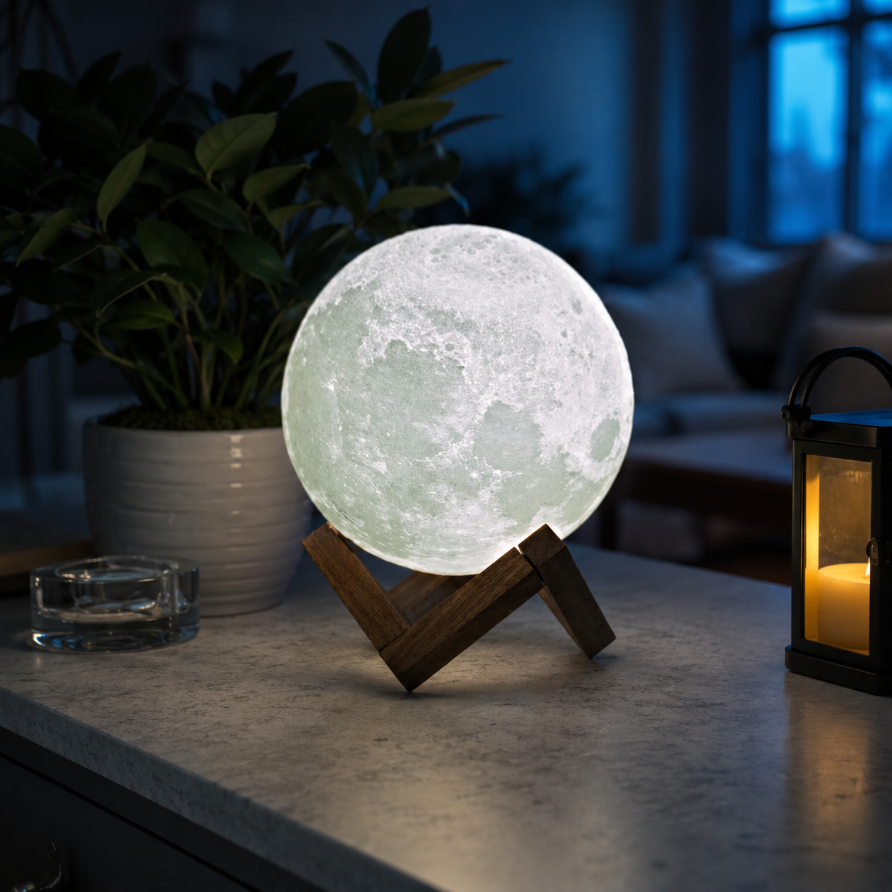 White 3D printed moon lamp glowing on a wooden bedside table