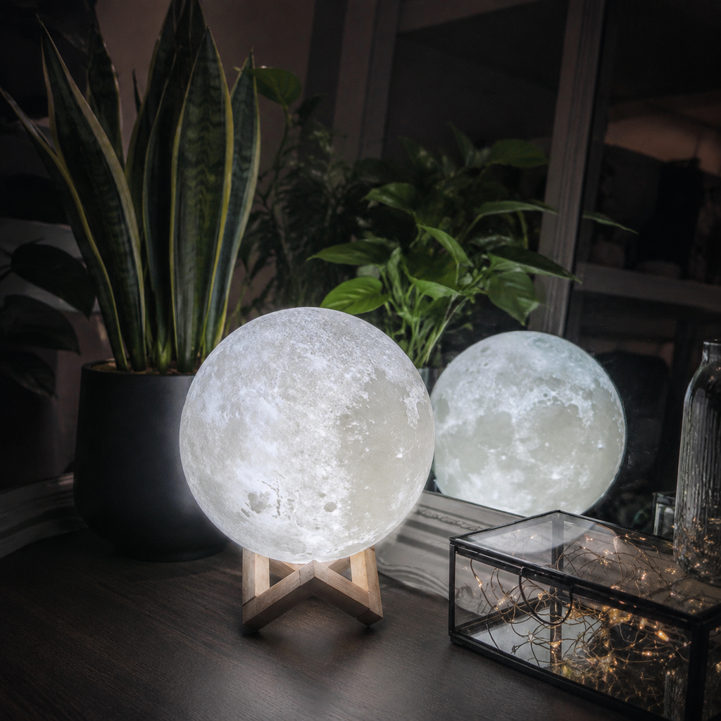 Moon lamp on engineered wood stand in a calm bedroom