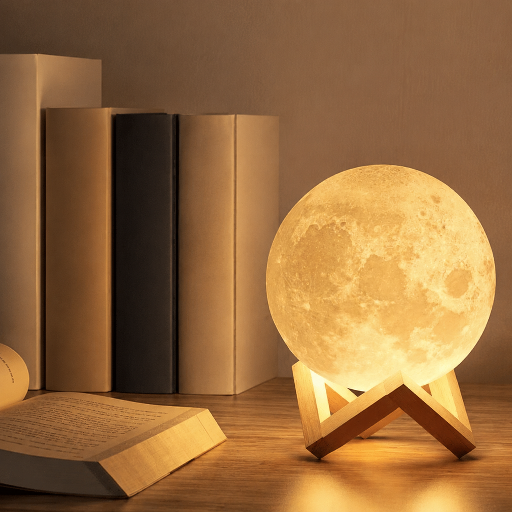 Lunar surface detail on white illuminated moon lamp