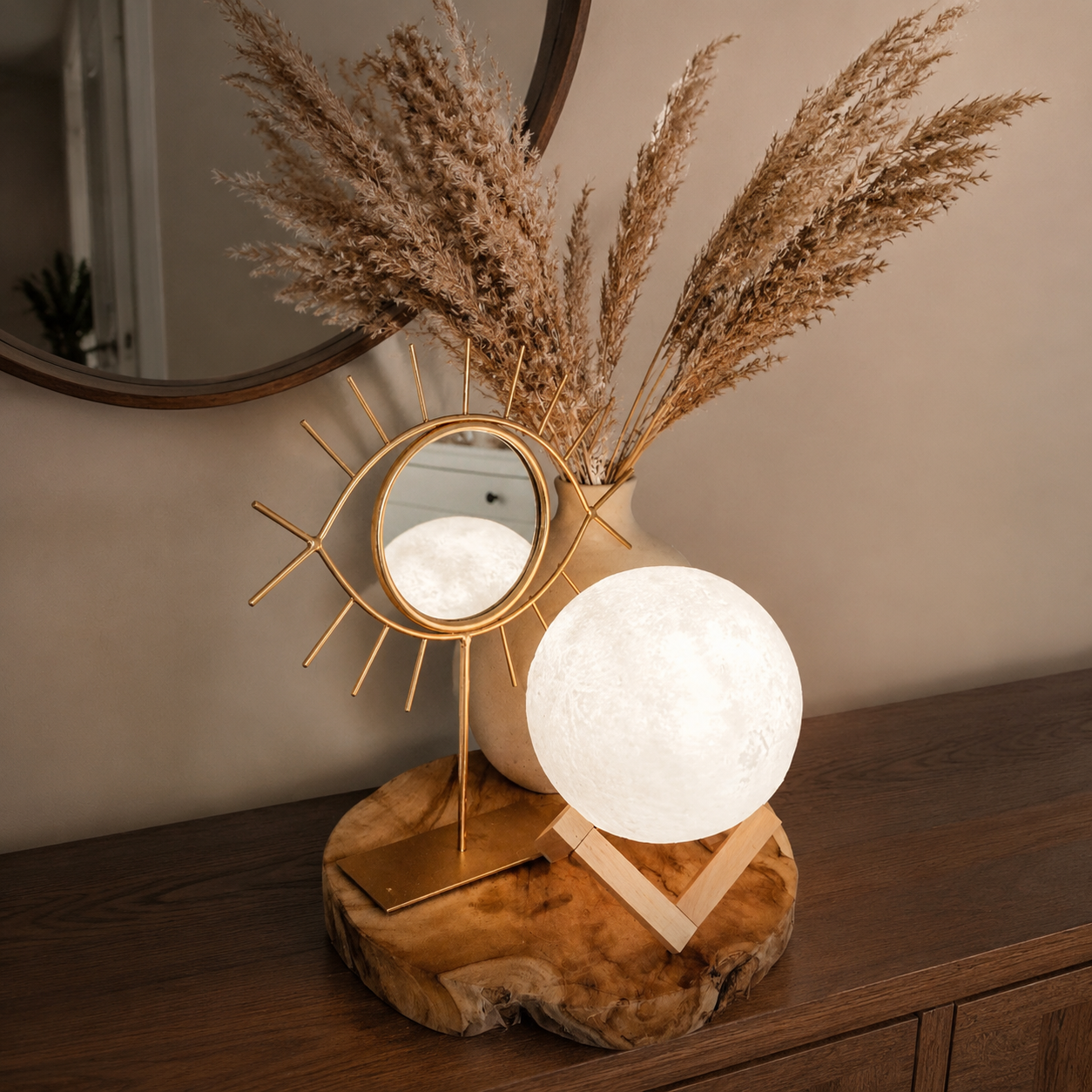 Moon lamp with warm white light in a modern living room
