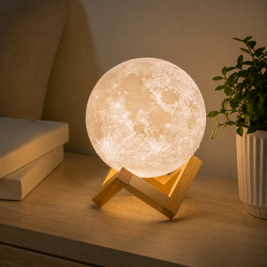 Glowing lunar lamp on wood stand in a dark room