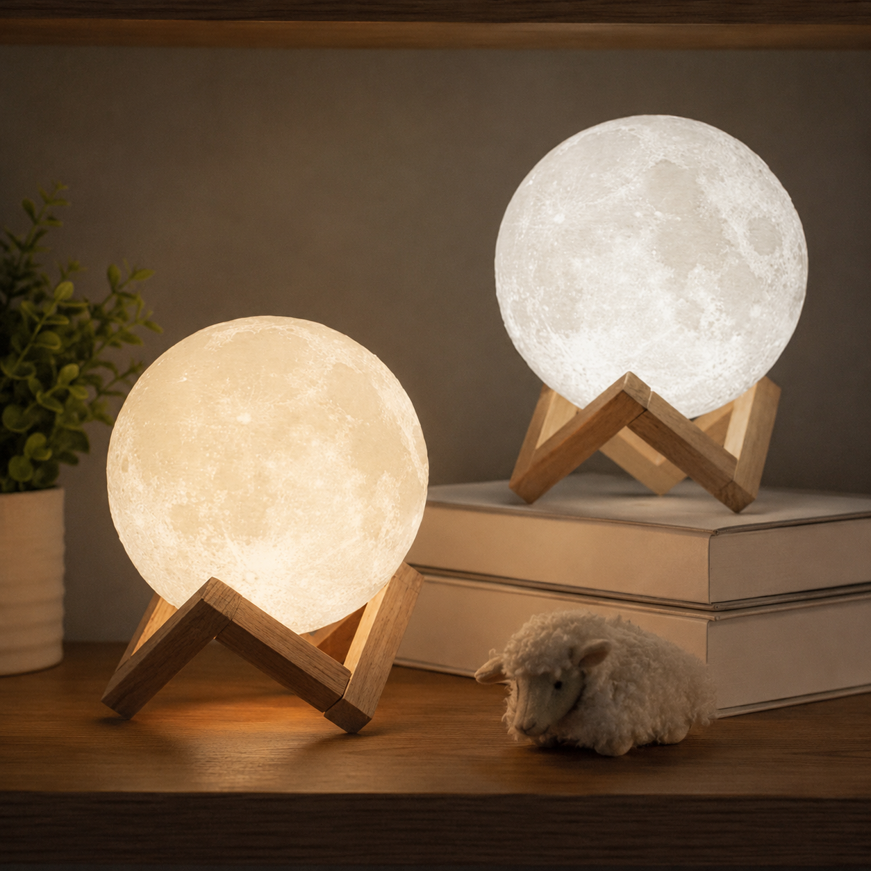 Small and large moon lamp sizes displayed together