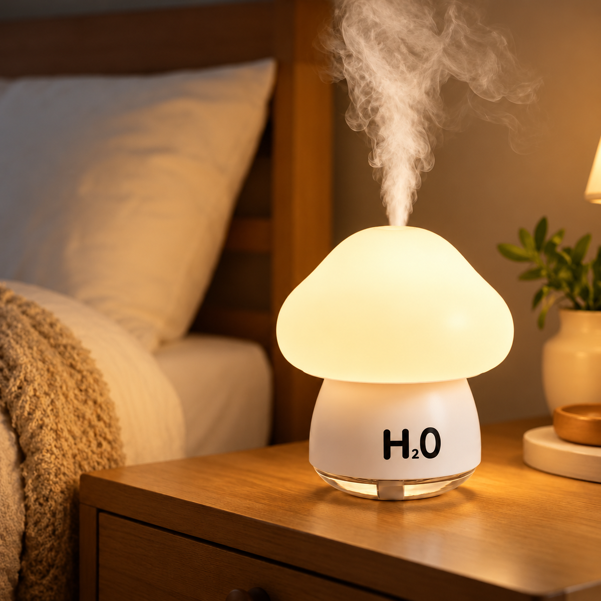 White mushroom humidifier with an illuminated cap releasing mist beside a bed