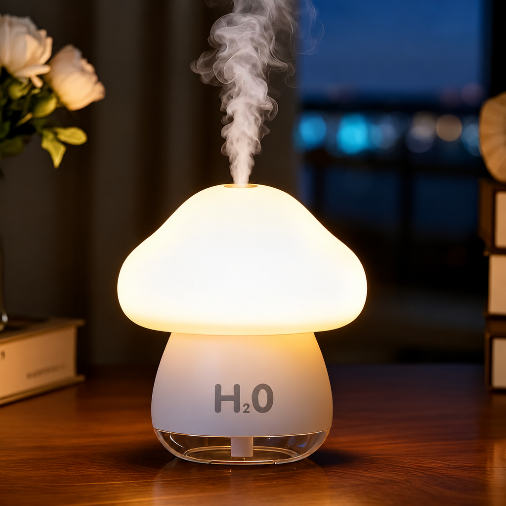 White mushroom humidifier with a transparent base rim and illuminated cap on a bedside table