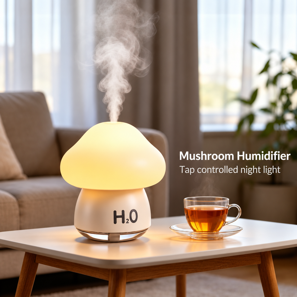 White mushroom humidifier releasing mist on a round table beside a tea cup