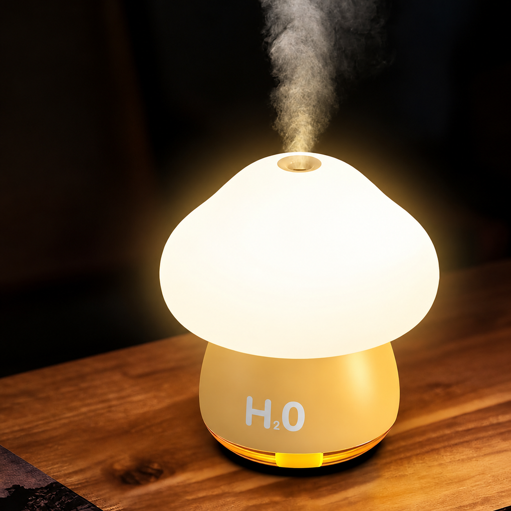 Yellow mushroom humidifier with an illuminated cap on a wooden surface against a dark background