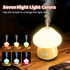 Mushroom humidifier with six small photos demonstrating its night light color options