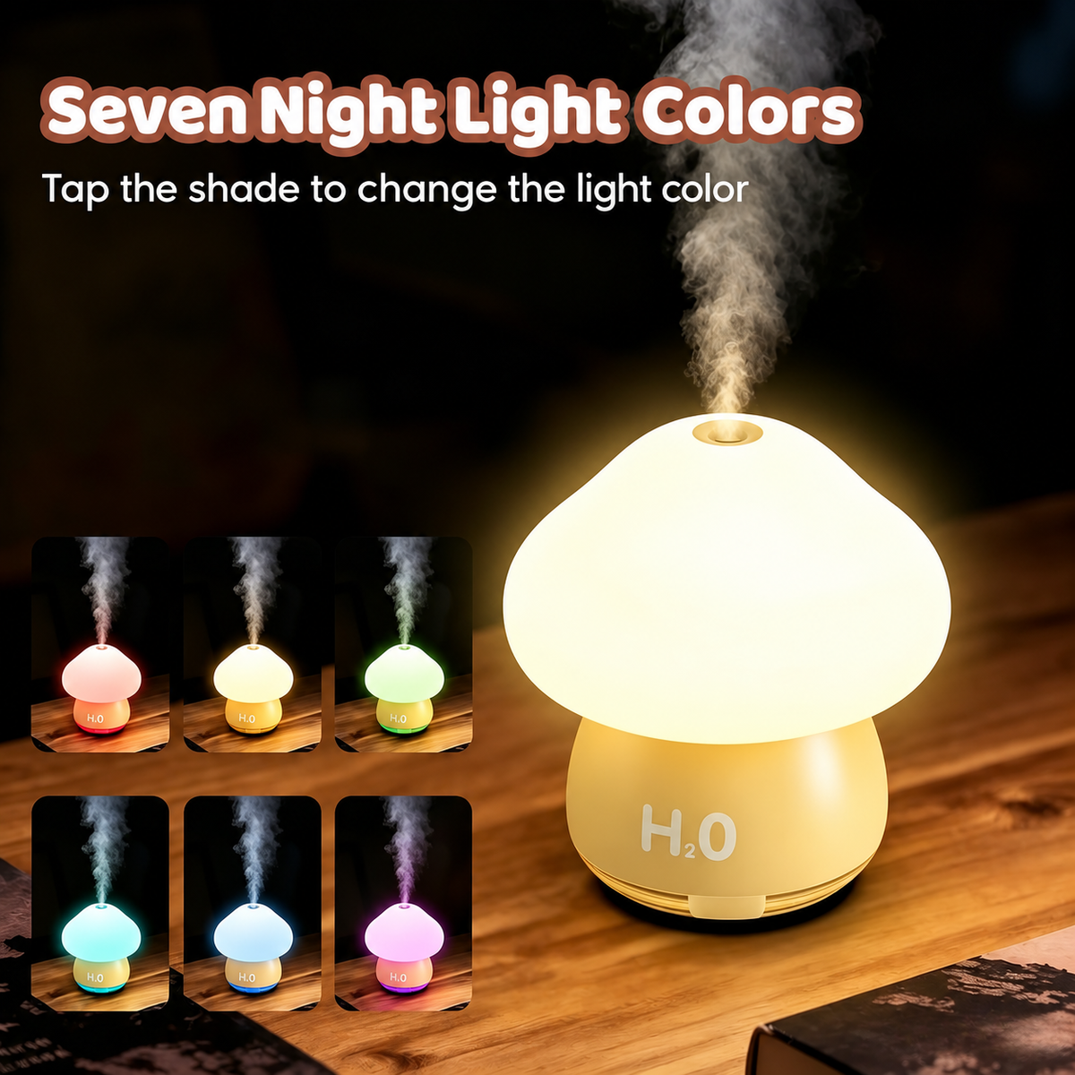 Mushroom humidifier with six small photos demonstrating its night light color options