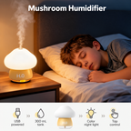 Mushroom humidifier in the original bedside scene with USB, tank and tap control information