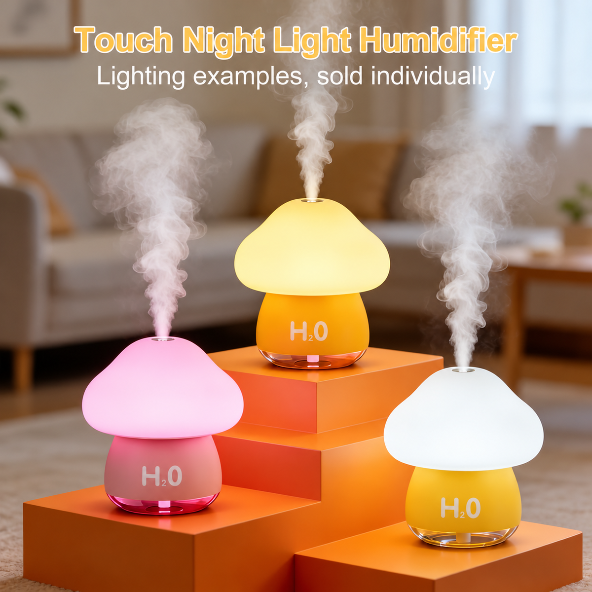 Mushroom humidifier lighting examples on orange stepped stands, sold individually