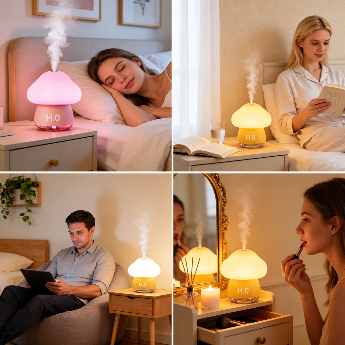 Mushroom humidifier lifestyle collage showing bedside and reading settings