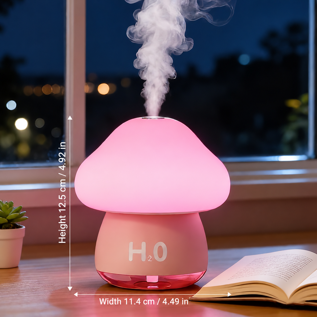 Mushroom humidifier diagram showing 12.5 cm height and 11.4 cm width
