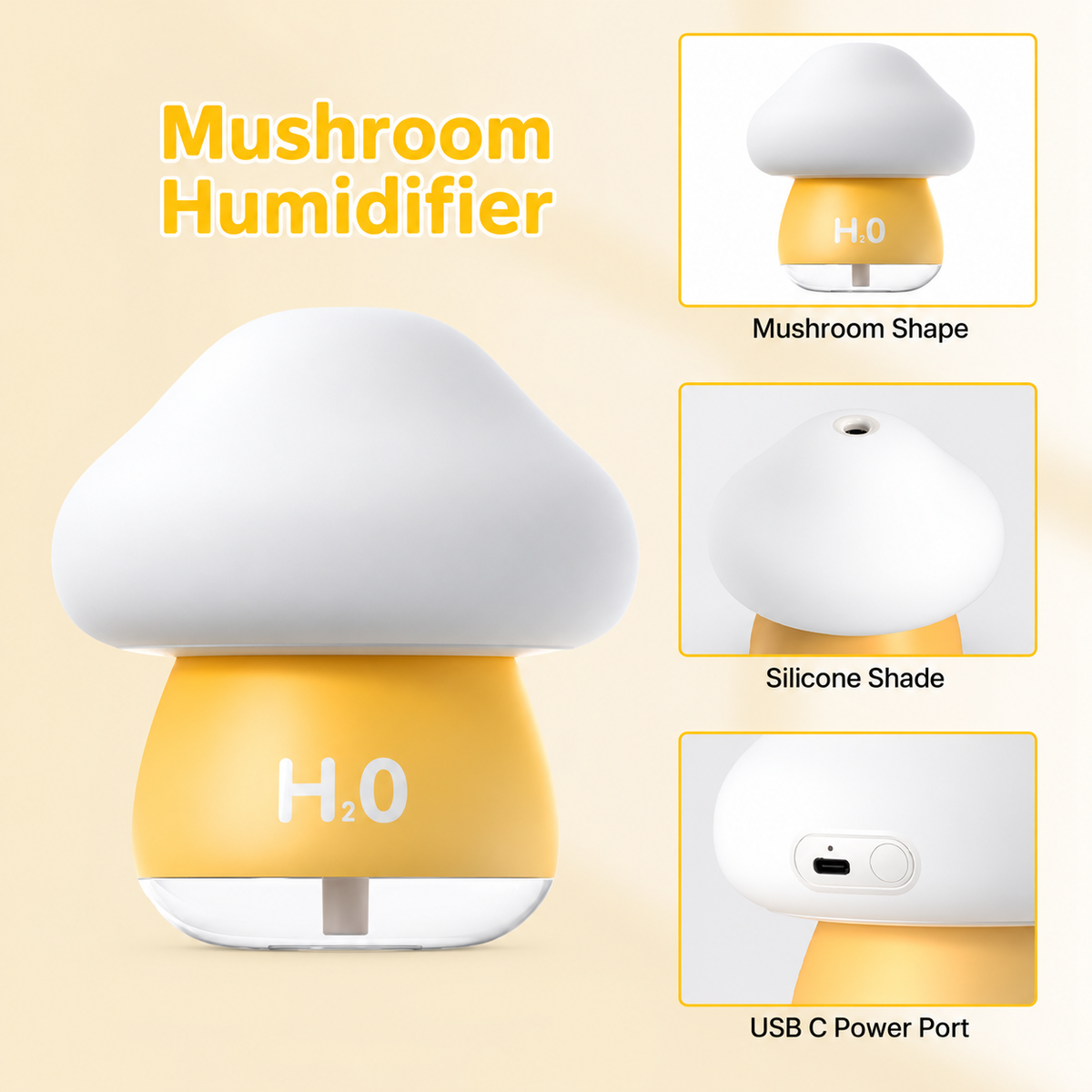 Mushroom humidifier collage showing silicone shade, mushroom shape and USB C power port