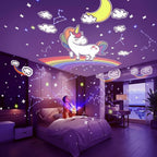 Musical star projector filling a bedroom with rotating light patterns.