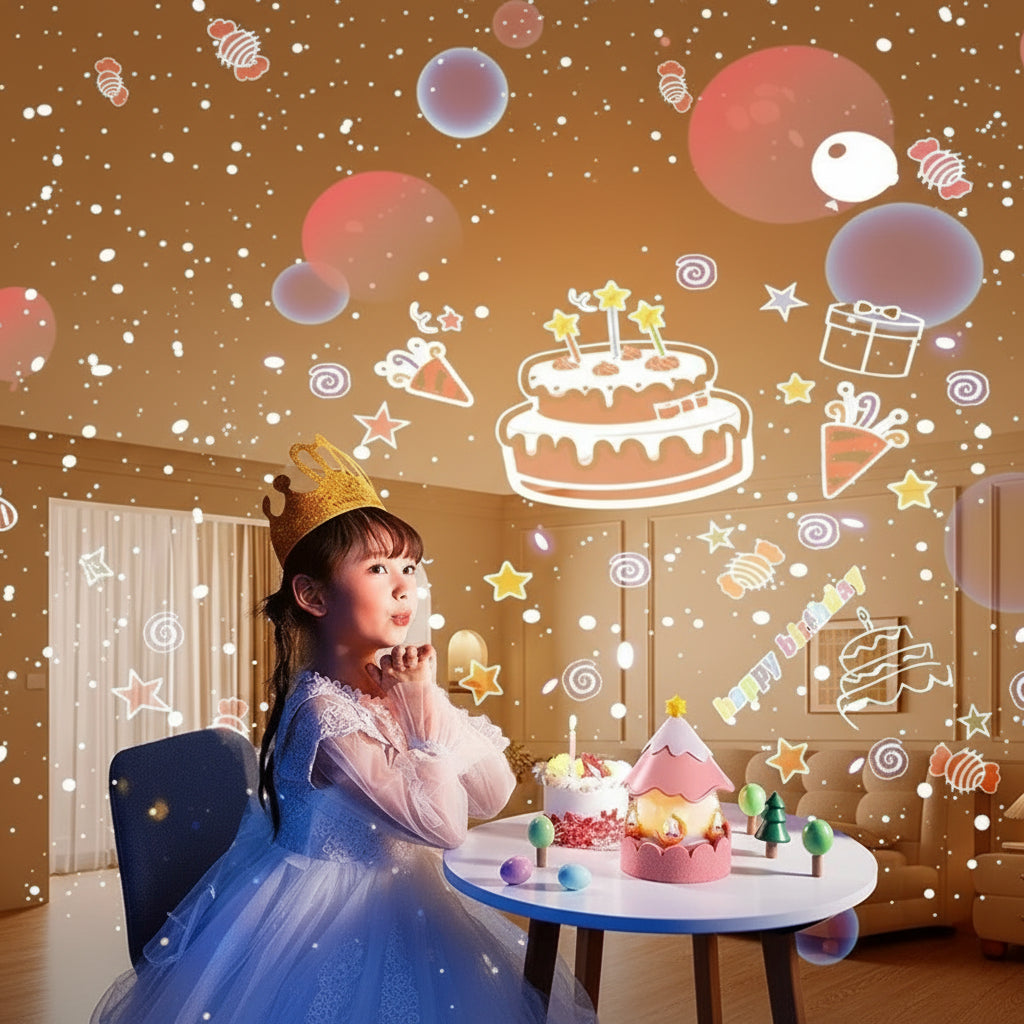 Musical star projector highlighting adjustable brightness and music controls.