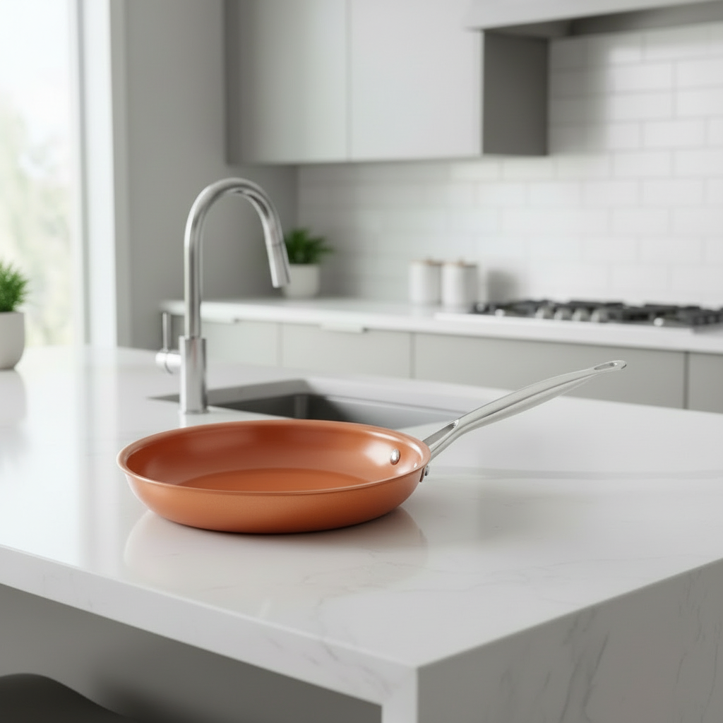 Copper frying pan resting on a white kitchen island.