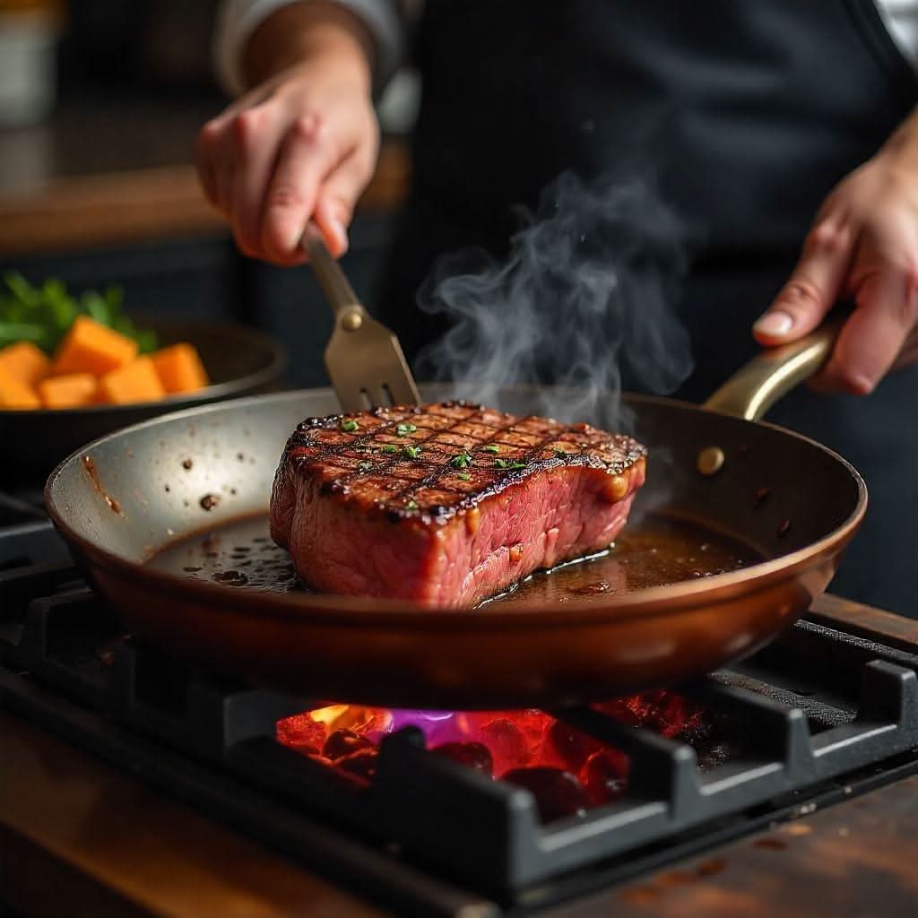 Person searing a steak in a copper frying pan over a gas flame.