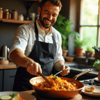 Home cook stirring pasta in a copper frying pan.