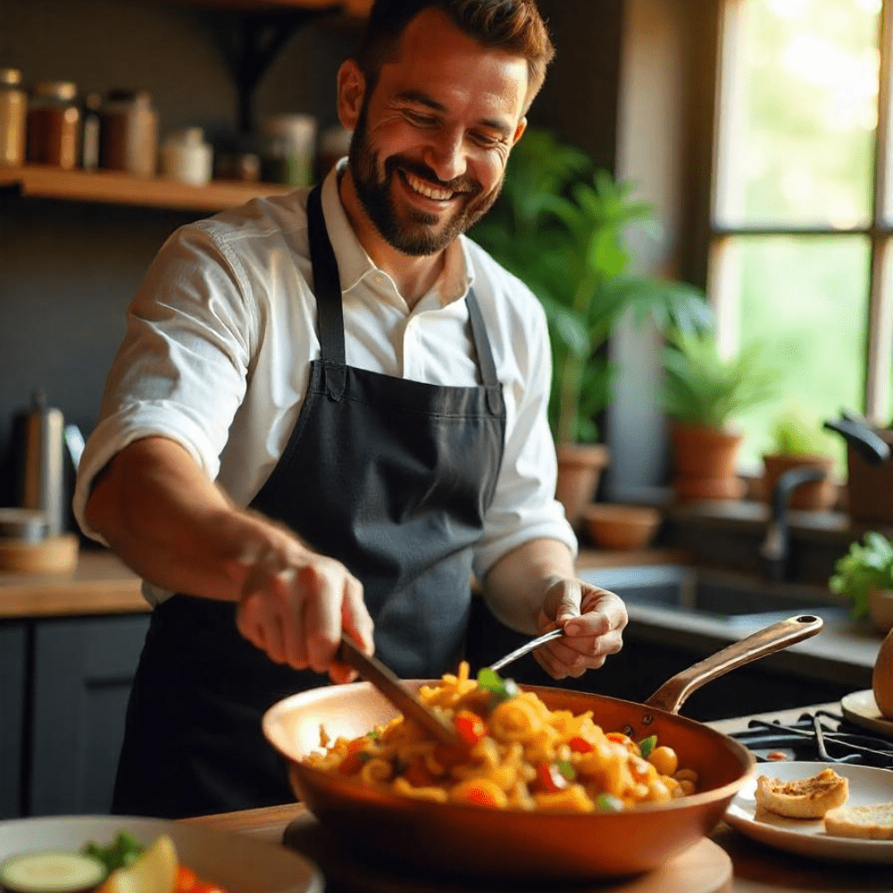 Home cook stirring pasta in a copper frying pan.