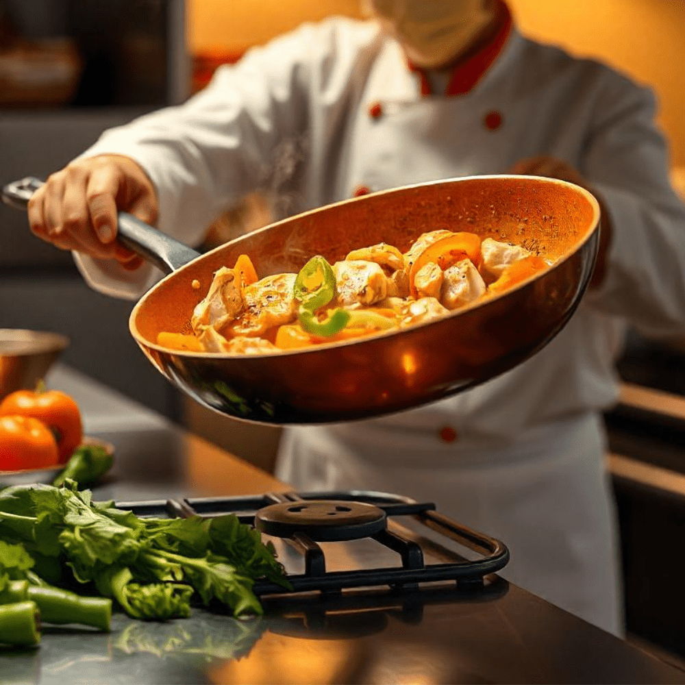 Chef tossing vegetables and pasta in a copper frying pan.
