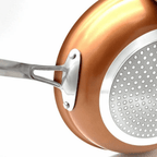 Close-up of the perforated stainless steel induction base and riveted handle.