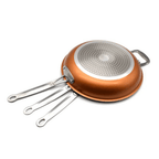 Three copper frying pans stacked upside down to show their induction bases.