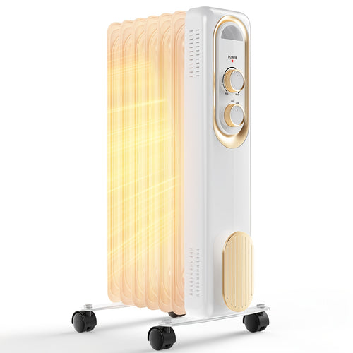 Oil Filled Radiator Heater | 1500W Portable Design With Rotary Thermostat, Caster Wheels, Black And White