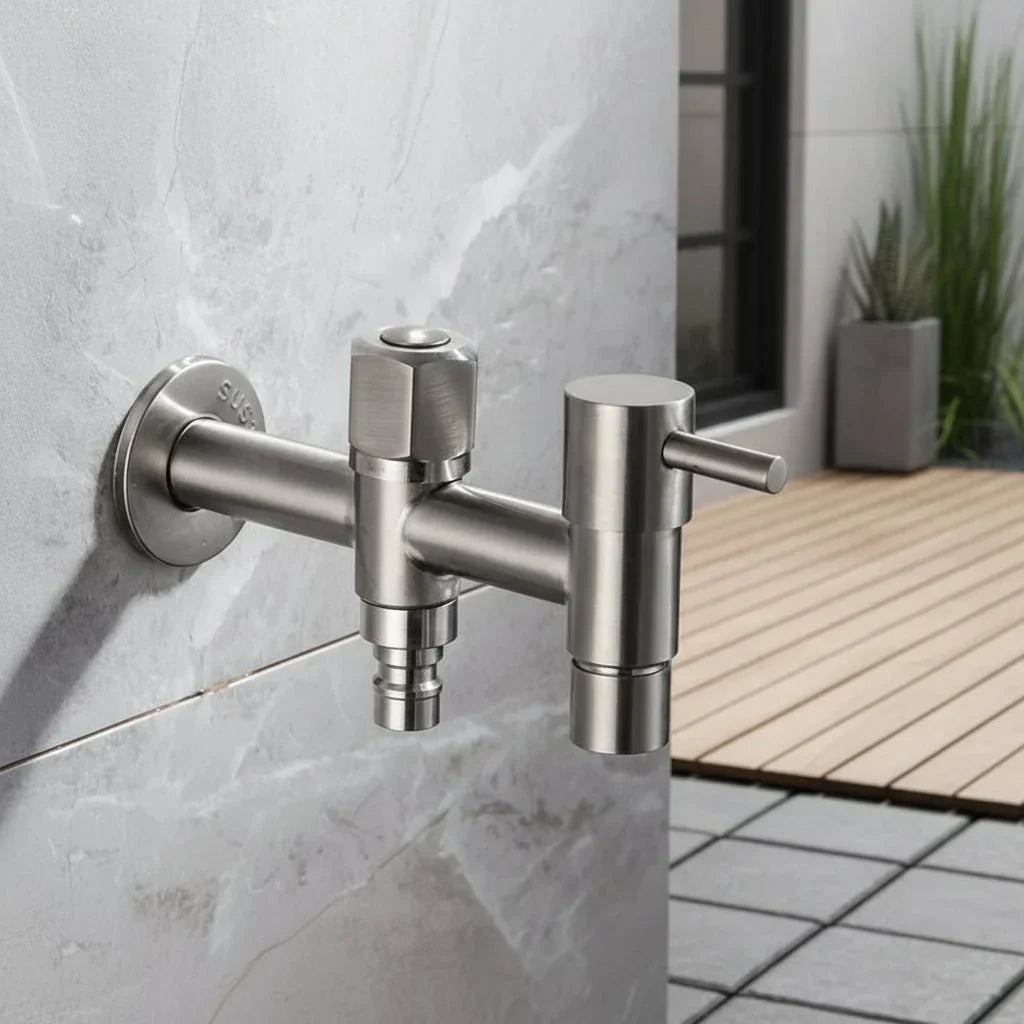 Wall-mounted outdoor faucet in stainless steel 304, hero view.