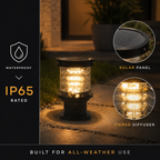 Solar outdoor landscape light with a clear cylindrical body and warm white light, shown on a stone path at night. The left side includes feature callouts: waterproof, IP65 rated, solar panel inset, tiered diffuser inset, and built for all-weather use.