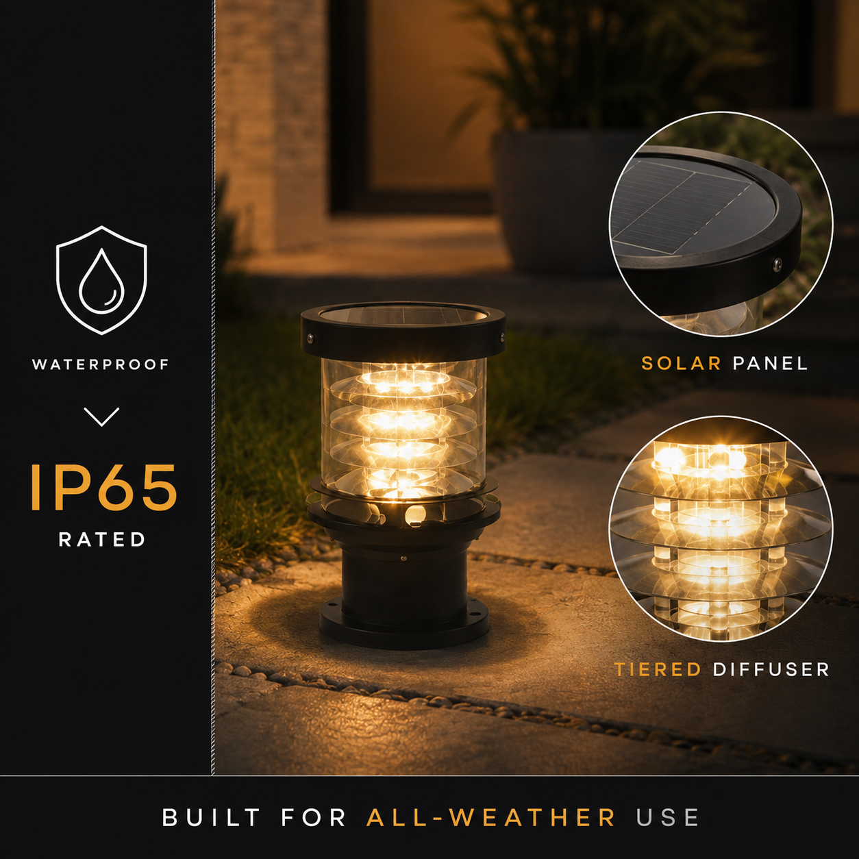 Solar outdoor landscape light with a clear cylindrical body and warm white light, shown on a stone path at night. The left side includes feature callouts: waterproof, IP65 rated, solar panel inset, tiered diffuser inset, and built for all-weather use.